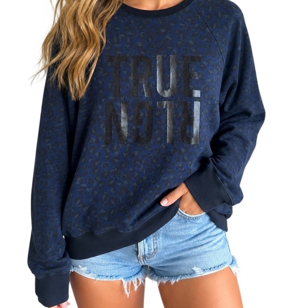 True Religion Navy Leopard Graphic Print Logo Crewneck Sweatshirt L Pima Cotton